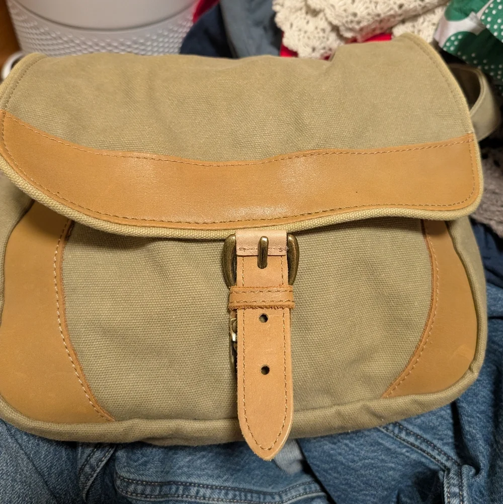 L.L.Bean Canvas Leather Field Messenger Bag Khaki Crossbody
